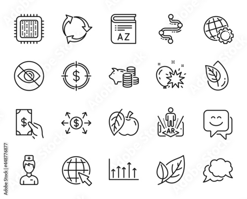 Vector set of Recycle, Internet and Cpu processor line icons set. Leaf, Doctor and Dollar target icons. Receive money, Smile face and Augmented reality signs. Recycle web symbol. Vector