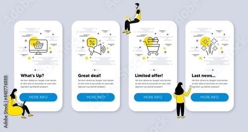 Vector Set of Holidays icons related to Shopping trolley, Web shop and Discounts offer icons. UI phone app screens with people. Fireworks line symbols. Vector