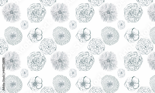 Patrón vectorizado de flores sobre fondo blanco, diversas flores, crisantemos, flor de mocan, rosas