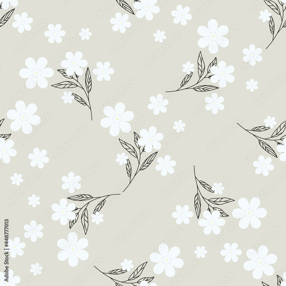 Fototapeta premium Chamomile pattern. Seamless background with white daisies on grey. Pattern for textiles, fabrics, bed linen, wallpaper. Decorative print for design with chamomile and daisies. Vector illustration
