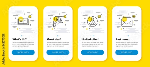 Vector set of Chemistry experiment, Education and Lawyer line icons set. UI phone app screens with line icons. Mail icon. Laboratory flask, Instruction book, Court judge. New messages. Vector