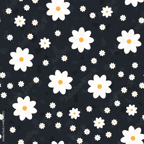 Chamomile pattern. Seamless background with white daisies on dark. Pattern for textiles, fabrics, bed linen, wallpaper. Decorative print for design with chamomile and daisies. Vector illustration