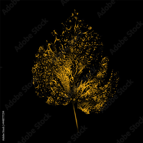 Leaf imprint. Futuristic picture, print. Autumn picture for design. Isolated on black. Vector illustration