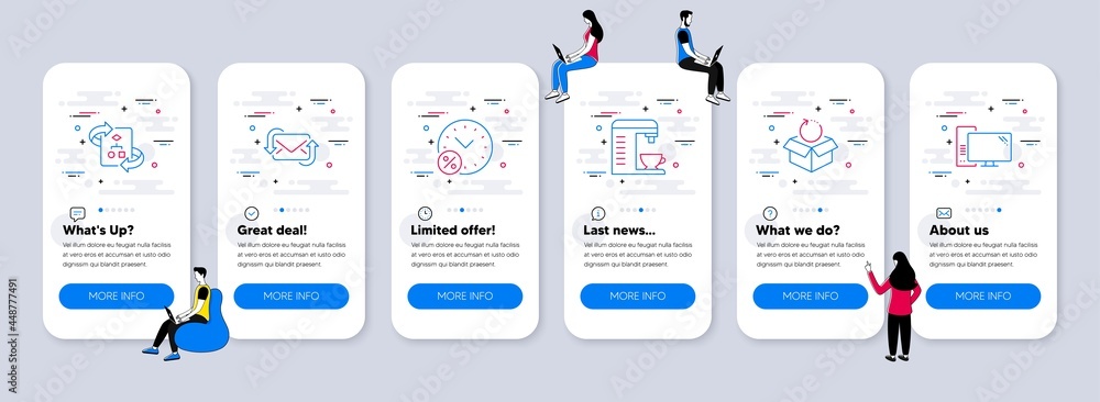 Naklejka premium Technology icons set. UI phone app screens with teamwork. Included icon as Coffee machine, Loan percent, Technical algorithm signs. Return package, Refresh mail, Computer line icons. Vector