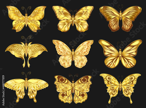 Vector set of golden butterflies