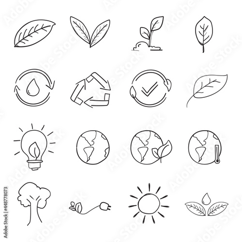Thin line doodle icons set ecology, environment and sustainability concept. Collection of hand drawn line symbols.
