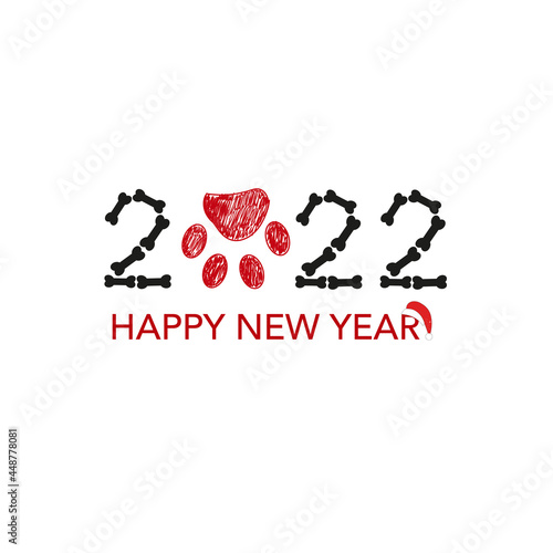 2022 text with doodle bone and paw print. Happy new year and Merry Christmas greeting card