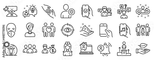 Set of People icons  such as Music app  People talking  Coronavirus protection icons. Approved app  Leaf  Work home signs. Skin care  Businesswoman person  Idea. Hold smartphone  Security. Vector