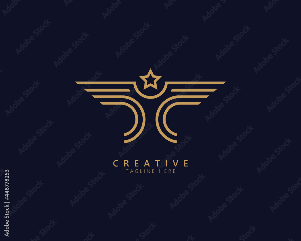 golden star bird logo. winged bird design with star head. gold color line art concept. elegant and luxury design.logo template golden star bird logo. winged bird design with star head. gold color line art concept. elegant and luxury design.logo template