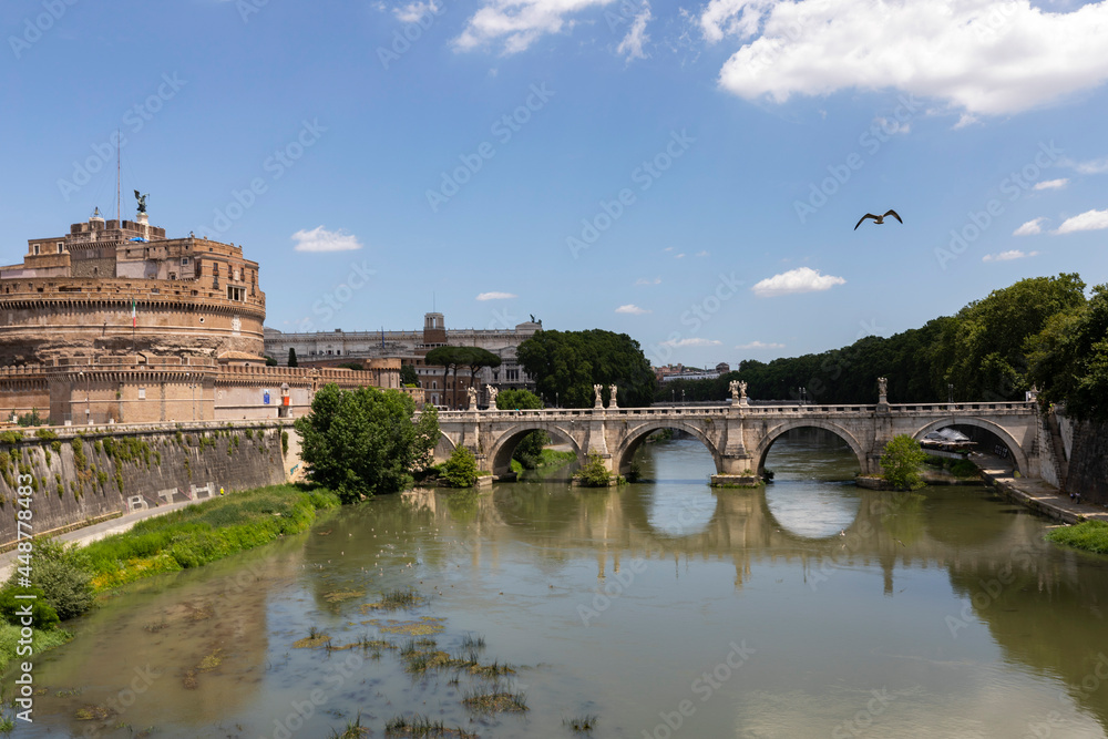 Italy. Rome. San Angelo Bridge in front of the Castel Sant'Angelo.