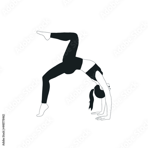 Woman doing yoga. Girl practices  asana pose. Vector design flat character isolated on white background. Hand drawn art. 