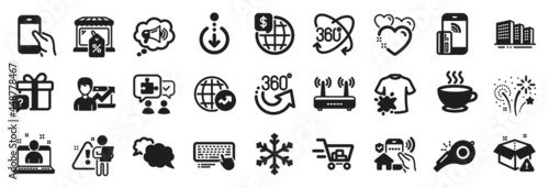 Set of Business icons, such as Fireworks, Full rotation, 360 degrees icons. Wifi, Shopping cart, Secret gift signs. Messenger, Dirty t-shirt, Search employee. Hold smartphone, Scroll down. Vector