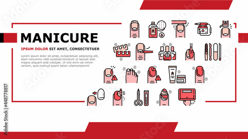 Manicure And Pedicure Landing Web Page Header Banner Template Vector. Nail Polish And Scissors, Tweezers And Cream, Cuticle Nipper And Uv Lamp Manicure Equipment Illustration