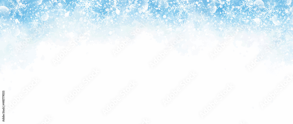 Winter and Christmas background design of snow and snowflake on blue watercolor with copy space vector illustration