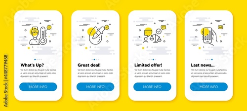 Vector set of Lawyer, Thermometer and Eye drops line icons set. UI phone app screens with line icons. Analysis app icon. Court judge, Temperature control, Pipette. Smartphone charts. Vector