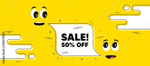 Sale 50 percent off discount. Cartoon face chat bubble background. Promotion price offer sign. Retail badge symbol. Sale chat message. Character smile face. Vector