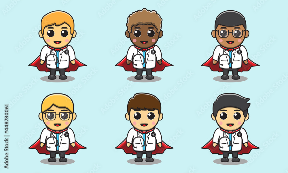 Cute little male Doctor Hero. Adorable kids doctor set. Smiling little Boy dressed as doctors vector illustrations. Cute little male Doctor Hero. Adorable kids doctor set. Smiling little Boy dressed as doctors vector illustrations.