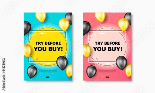 Try before you buy text. Flyer posters with realistic balloons cover. Special offer price sign. Advertising discounts symbol. Try before you buy text frame poster banners. Balloons cover. Vector