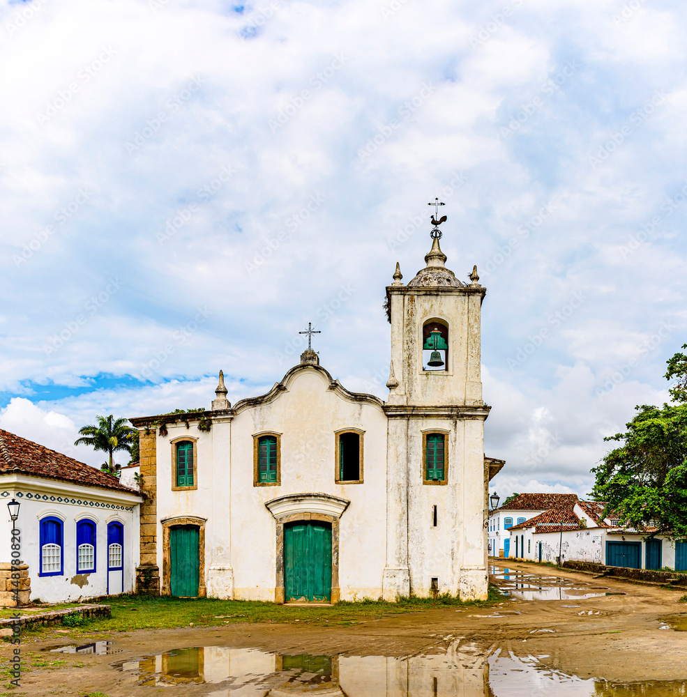Front view of a historic church in the ancient city of Paraty on the coast of the state of Rio de Janeiro