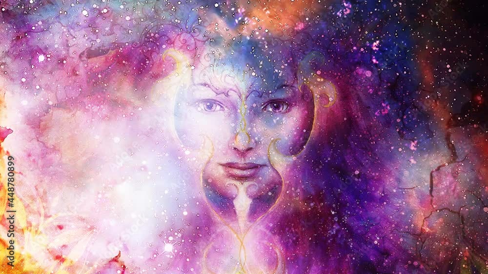 Goddess Woman and ornametal mandala in Cosmic space. Cosmic Space background. eye contact. Goddess Woman and ornametal mandala in Cosmic space. Cosmic Space background. eye contact.