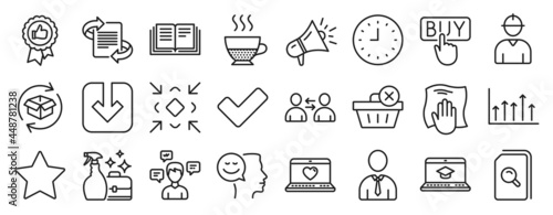 Set of line icons, such as Web love, Load document, Engineer icons. Good mood, Doppio, Washing cloth signs. Marketing, Delete purchase, Megaphone. Clock, Minimize, Conversation messages. Vector