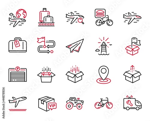 Vector Set of Transportation icons related to Food delivery, Airplane and Departure plane icons. Hand baggage, Delivery location and Parking garage signs. Baggage reclaim, Packing boxes. Vector
