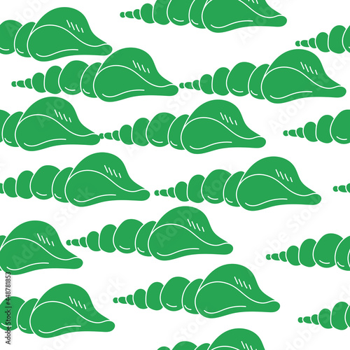 seamless pattern silhouettes of molluscs with spiral shell, green seashells on white background