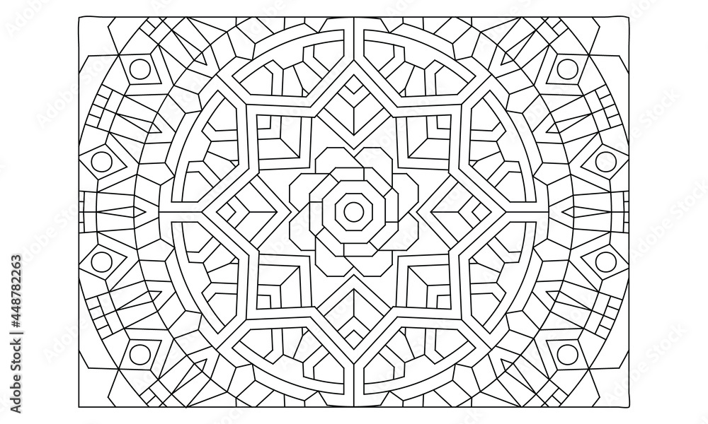 Landscape coloring pages for adults. Coloring-#334 Coloring Page of octagonal mandala extended with tribal pattern on the background. EPS8 file.