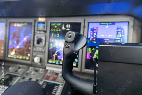 Screens and control panels in a jet aircraft. 