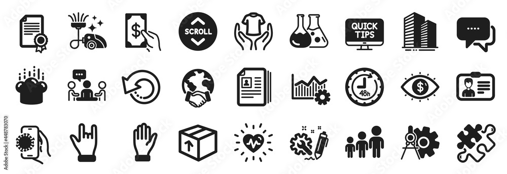 Set of Business icons, such as Receive money, Engineering, Web tutorials icons. Identification card, Puzzle, Chemistry lab signs. Covid app, Hand, Global business. Cv documents, Horns hand. Vector Set of Business icons, such as Receive money, Engineering, Web tutorials icons. Identification card, Puzzle, Chemistry lab signs. Covid app, Hand, Global business. Cv documents, Horns hand. Vector