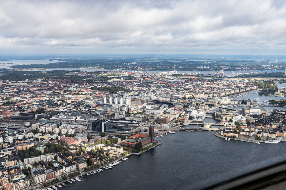 An aerial view over Stockholm down town and its surroundings.
