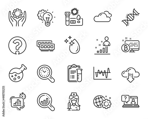 Vector set of Chemistry lab, Employee hand and Covid test line icons set. Vaccination, Seo analysis and Stats icons. Ram, Water drop and Faq signs. Chemistry lab web symbol. Vector