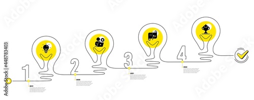 Lightbulb journey path infographics. Business Infographic timeline with 4 steps. Workflow process diagram with Idea bulb, Working employee, Journey path and Winner cup icons. Vector