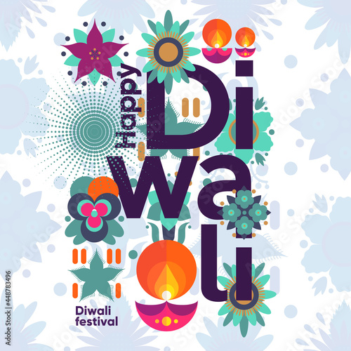 Happy Diwali. Indian festival of lights. Deepavali or Dipavali. Vector flat  illustration and lettering. Holiday background for branding, card, banner, cover, flyer or poster.