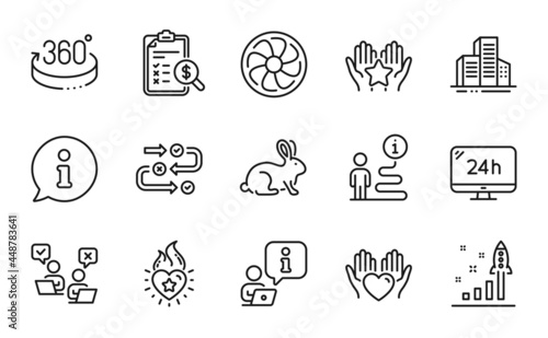Business icons set. Included icon as Development plan, 24h service, 360 degrees signs. Accounting report, Animal tested, Fan engine symbols. Online voting, Hold heart, Heart flame. Ranking. Vector