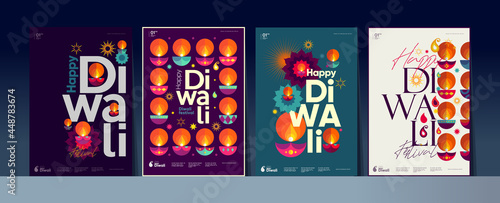 Happy Diwali. Deepavali or Dipavali. Indian festival of lights. Set of vector illustrations and lettering. Holiday background for branding, card, banner, cover, flyer or poster.