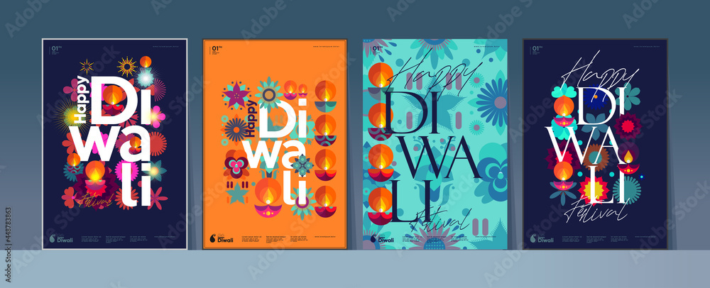 Fototapeta premium Happy Diwali. Deepavali or Dipavali. Indian festival of lights. Set of vector illustrations and lettering. Holiday background for branding, card, banner, cover, flyer or poster.