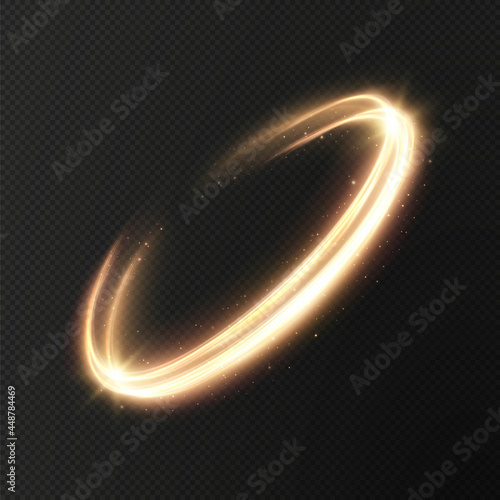 Abstract vector light effect of golden line of light. Movement light lines moving in a circle. Lighting equipment for advertising brochures, banners and materials.