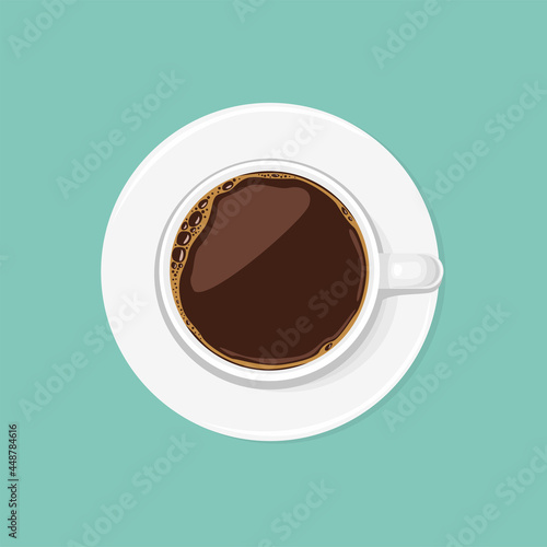 Cup of black coffee top view. Espresso or Americano in a white ceramic cup isolated. Vector illustration in cartoon flat style.