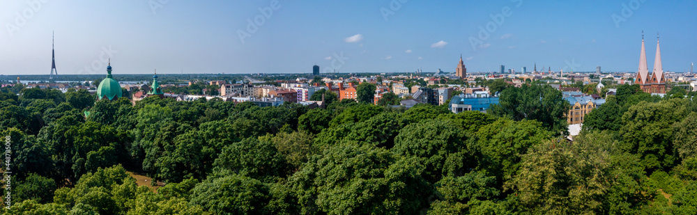 Beautiful aerial view of the Riga city from above. Old town by the river Daugava.
