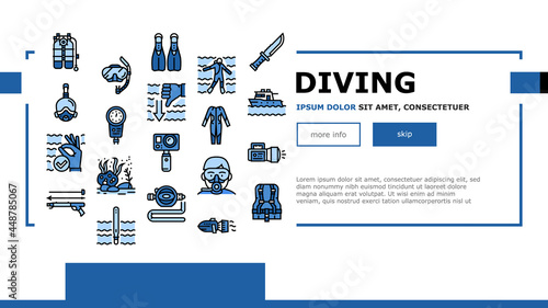 Diving Scuba Equipment Landing Web Page Header Banner Template Vector. Mask And Snokler, Fins And Swimming Suit, Flash Light And Knife Diving Tool Illustration