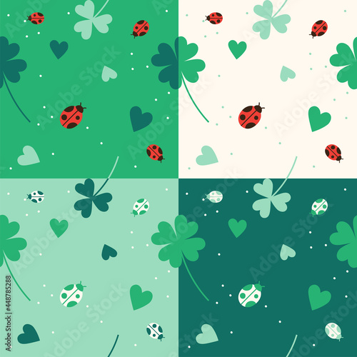 Set of Flat Cute Minimal Lady Bug Clover Leaf Vector Pattern Design White Dark Green Background Editable Stroke. Cartoon Illustration Cloth, Picnic Mat, Fabric pattern, Textile, Scarf, Wrapping Paper.