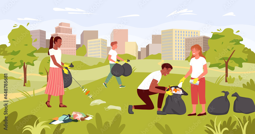 People cleaning dirty city park, nature save, ecology rescue vector illustration. Cartoon young volunteer characters team working, activist picking, collecting plastic trash garbage background People cleaning dirty city park, nature save, ecology rescue vector illustration. Cartoon young volunteer characters team working, activist picking, collecting plastic trash garbage background