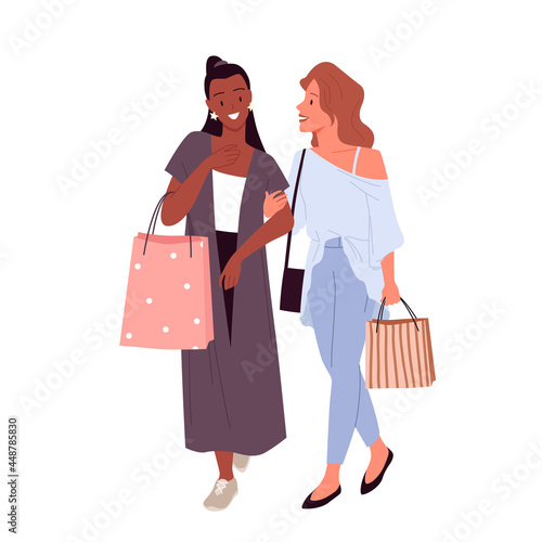 Stylish girls best friends shopping vector illustration. Cartoon young happy woman characters walking with purchases in bags, two fashion women meeting for shopping and communication isolated on white