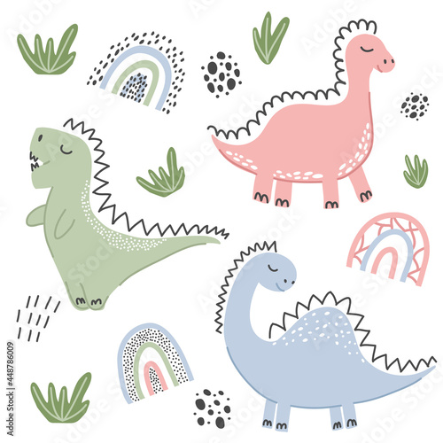 Children's seamless pattern with dinosaurs. Vector cute illustration for design, textiles, posters, fabrics, cards.