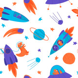 Seamless pattern of bright dinosaurs traveling into space on a rocket on a white background. Children's packaging with a space dino. Flat illustration images.