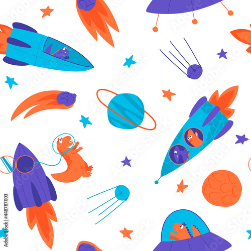 Seamless pattern of bright dinosaurs traveling into space on a rocket on a white background. Children's packaging with a space dino. Flat illustration images.