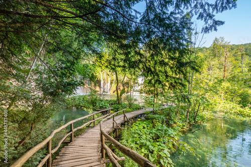 Wooden footpath at Plitvice national park  Croatia. Pathway in the forest near the lake and waterfall. Fresh beautiful nature  peaceful place. Famous tourist destination.
