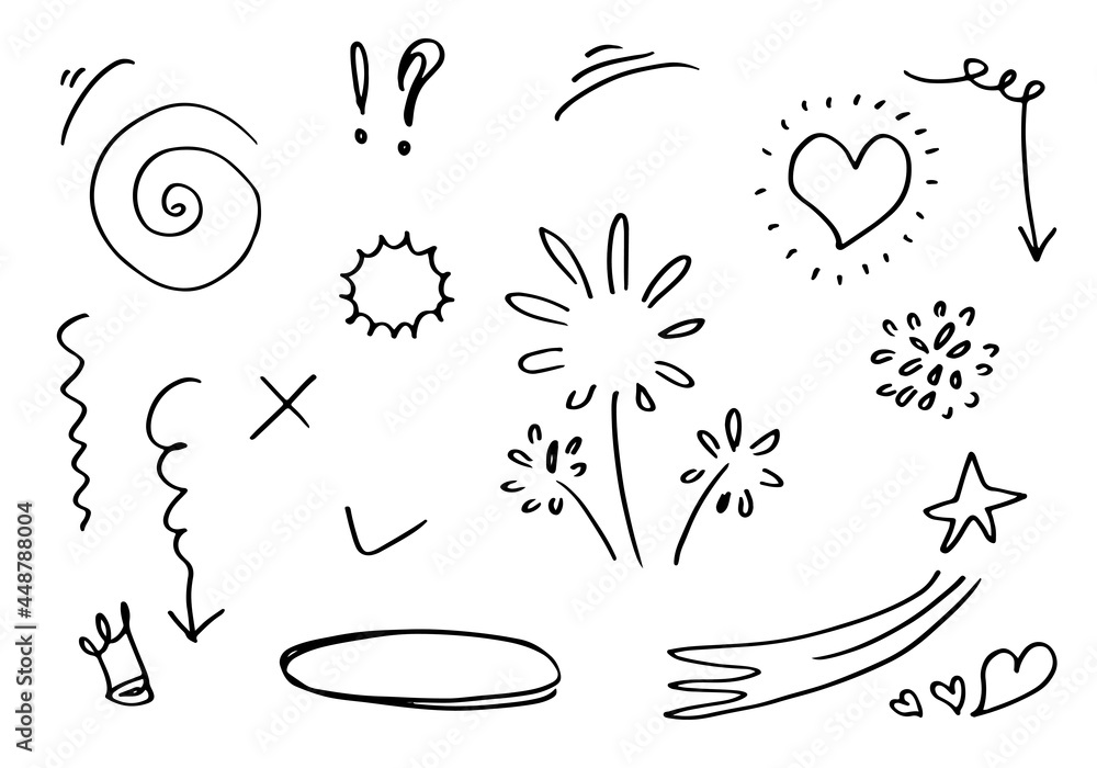 Fototapeta premium Hand drawn set elements, black on white background. Arrow, heart, love, star, leaf, sun, light, crown,Swishes, swoops, emphasis ,swirl, heart, for concept design.