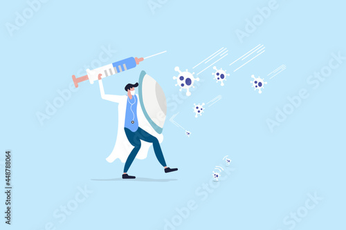 Fight and protect COVID-19 Coronavirus outbreak concept, Doctor wearing sanitary mask with stethoscope holding protective shield and vaccine box to protect from COVID-19 coronavirus pathogens.